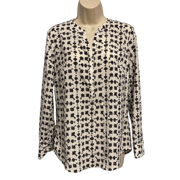 Talbots White with Black Key‎ 3/4 Button Up Blouse Size Small Pre-owned - Picture 1 of 9